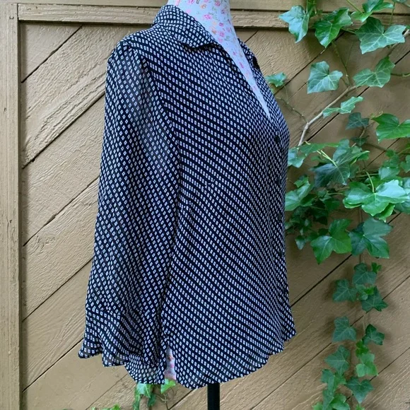 Style Co 3/4 ruffle sleeve button-up Shirt Sz 14P black white check business top - Picture 3 of 16